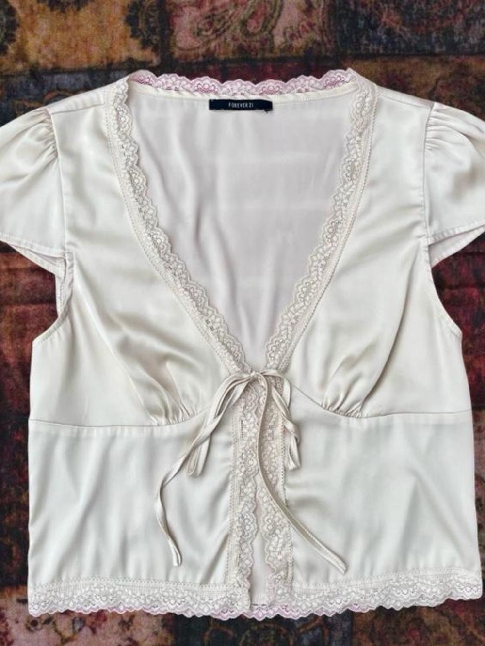 Cream Lace-Trim Satin Tie-Front Top